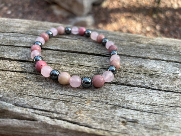 Bracelet élastique de Lithothérapie "Triple Protection" Quartz Rose, Hématite et Rhodochrosite, Made in France