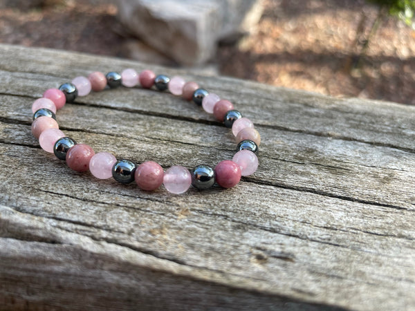 Bracelet élastique de Lithothérapie "Triple Protection" Quartz Rose, Hématite et Rhodochrosite, Made in France