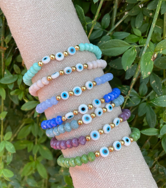 Bracelet élastique en perles de verre à facettes forme Oblate et Oeil Nazar Boncuk