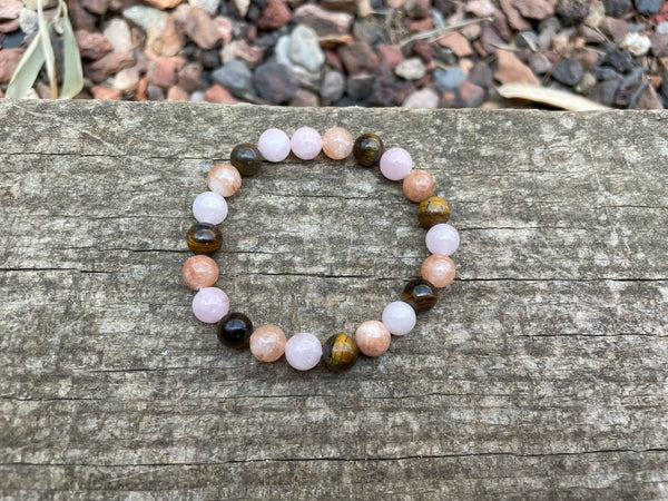 Bracelet élastique de Lithothérapie "Triple Protection" Oeil de tigre, Quartz Rose et Pierre du Soleil