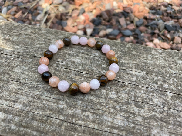 Bracelet élastique de Lithothérapie "Triple Protection" Oeil de tigre, Quartz Rose et Pierre du Soleil