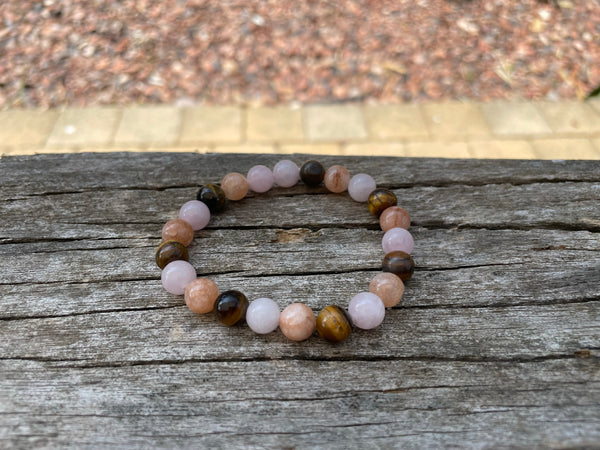 Bracelet élastique de Lithothérapie "Triple Protection" Oeil de tigre, Quartz Rose et Pierre du Soleil