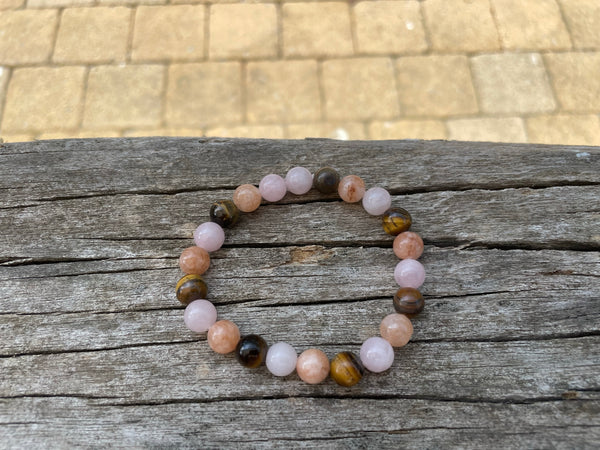 Bracelet élastique de Lithothérapie "Triple Protection" Oeil de tigre, Quartz Rose et Pierre du Soleil