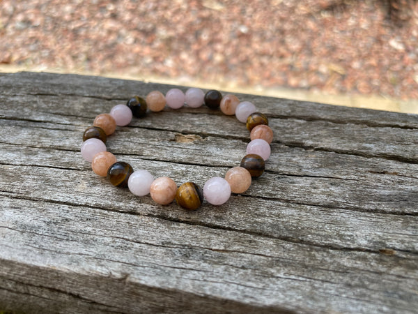 Bracelet élastique de Lithothérapie "Triple Protection" Oeil de tigre, Quartz Rose et Pierre du Soleil