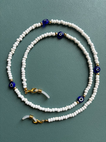 Chaîne cordons à lunettes de soleil, perles blanches et Oeil Turc Nazar Boncuk bleu marine