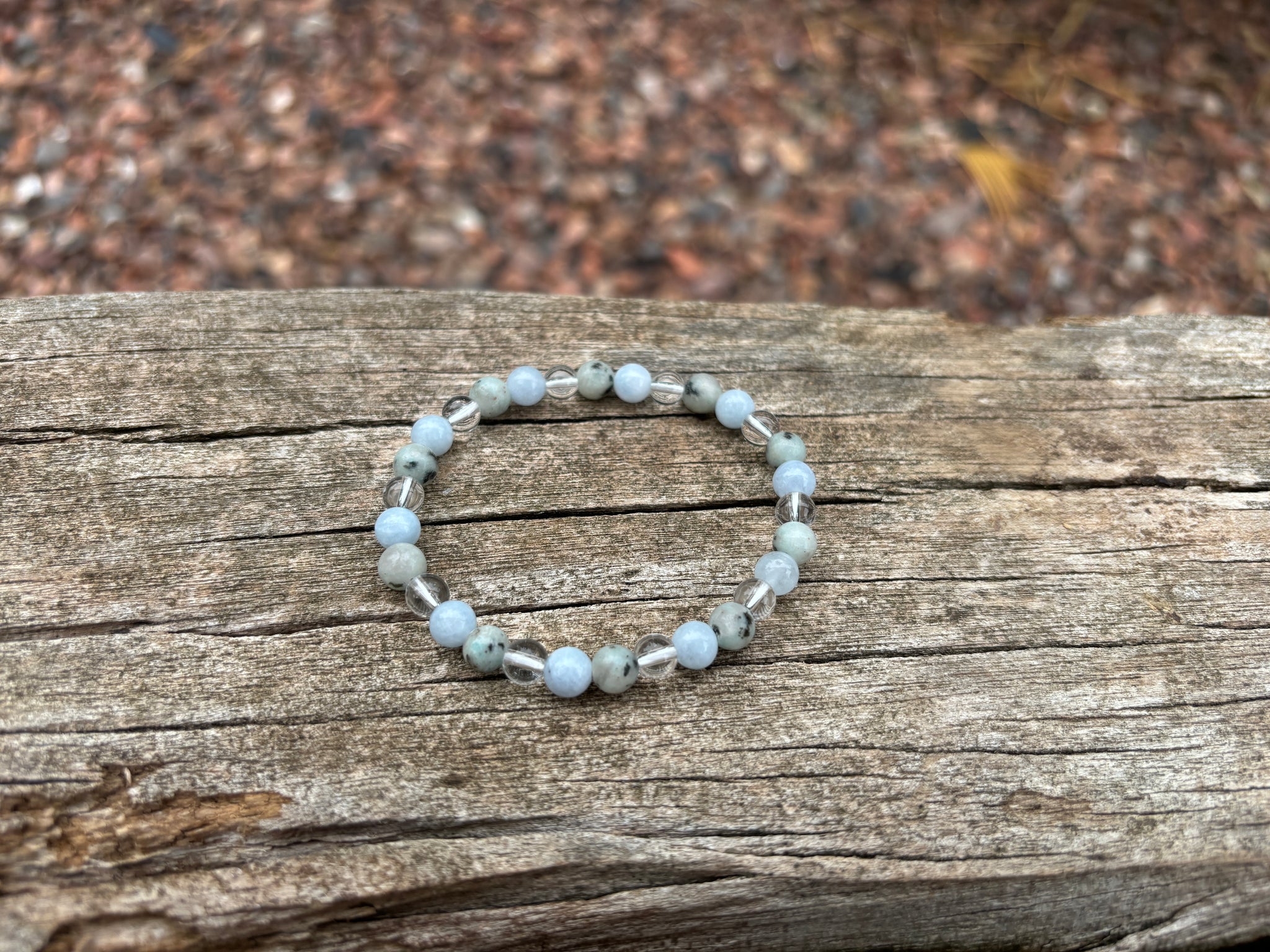Bracelet élastique en Jaspe Kiwi, Cristal de Roche et Aigue Marine, Made in France