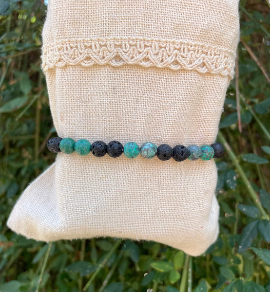 Bracelet élastique de Lithothérapie en Turquoise Africaine et pierre de Lave