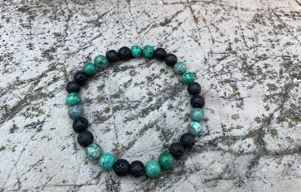 Bracelet élastique de Lithothérapie en Turquoise Africaine et pierre de Lave