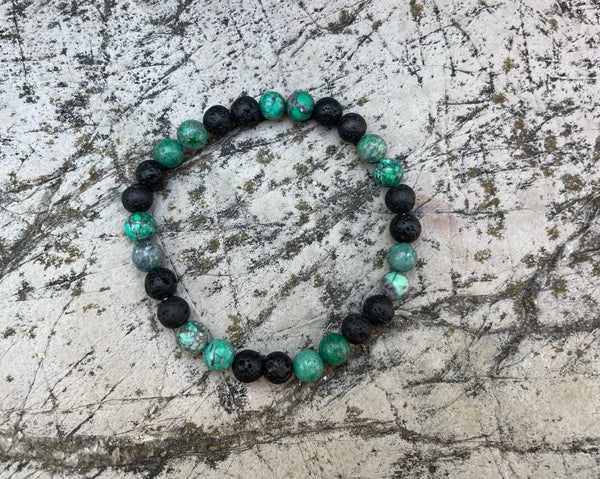 Bracelet élastique de Lithothérapie en Turquoise Africaine et pierre de Lave