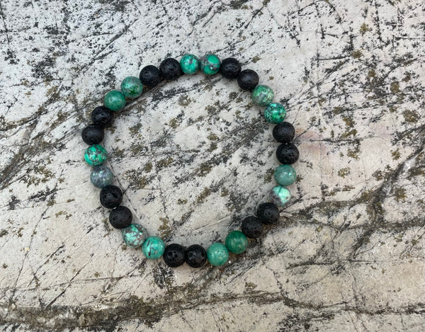 Bracelet élastique de Lithothérapie en Turquoise Africaine et pierre de Lave