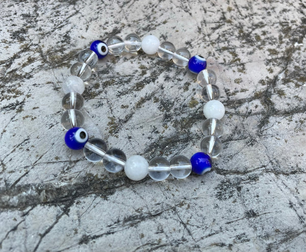 Bracelet élastique de Lithothérapie en Cristal de Roche , Pierre de Lune et Oeil Nazar Boncuk, Made in France