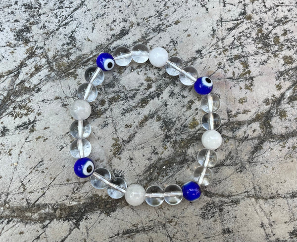 Bracelet élastique de Lithothérapie en Cristal de Roche , Pierre de Lune et Oeil Nazar Boncuk, Made in France