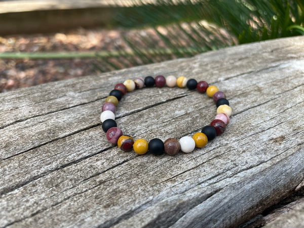 Bracelet élastique Lithothérapie en Jaspe Mokaïte ou Mookaite et Agate noire, Made in France
