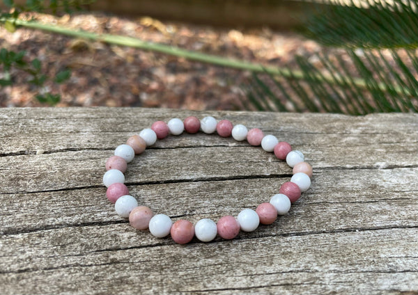 Bracelet élastique de Lithothérapie en Rhodochrosite et Howlite Blanche, Made in France