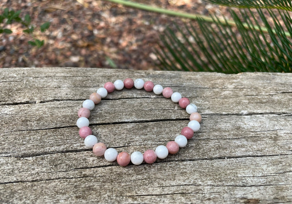 Bracelet élastique de Lithothérapie en Rhodochrosite et Howlite Blanche, Made in France