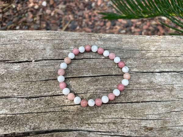 Bracelet élastique de Lithothérapie en Rhodochrosite et Howlite Blanche, Made in France