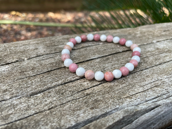 Bracelet élastique de Lithothérapie en Rhodochrosite et Howlite Blanche, Made in France
