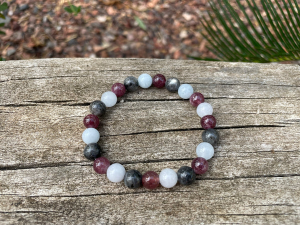 Bracelet élastique de lithothérapie "Triple protection" en Labradorite, Aigue Marine et Lépidolite naturelle, Made in France
