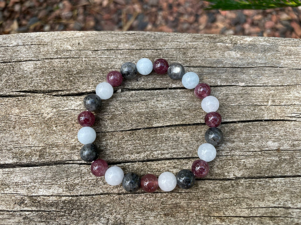 Bracelet élastique de lithothérapie "Triple protection" en Labradorite, Aigue Marine et Lépidolite naturelle, Made in France