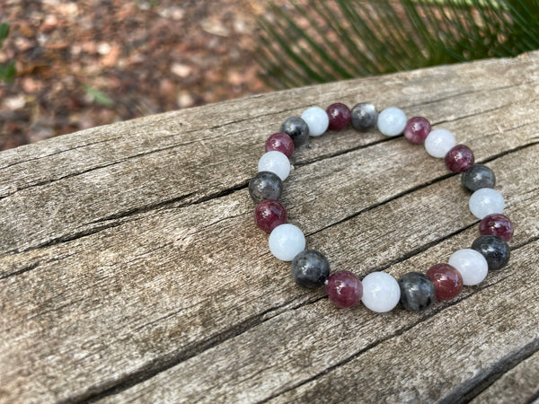 Bracelet élastique de lithothérapie "Triple protection" en Labradorite, Aigue Marine et Lépidolite naturelle, Made in France