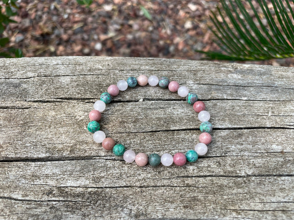 Bracelet élastique Triple protection de Lithothérapie  Quartz Rose, Turquoise Africaine et rhodochrosite, Made in France