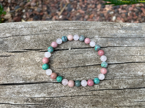 Bracelet élastique Triple protection de Lithothérapie  Quartz Rose, Turquoise Africaine et rhodochrosite, Made in France