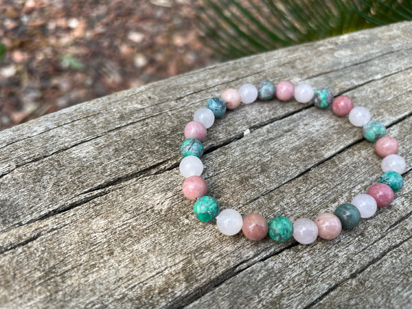 Bracelet élastique Triple protection de Lithothérapie  Quartz Rose, Turquoise Africaine et rhodochrosite, Made in France