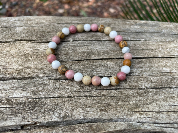 Bracelet élastique de Lithothérapie en Rhodochrosite, Howlite Blanche et Jaspe Paysage, Made in France