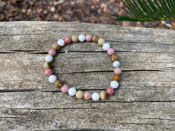 Bracelet élastique de Lithothérapie en Rhodochrosite, Howlite Blanche et Jaspe Paysage, Made in France