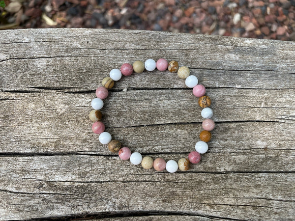 Bracelet élastique de Lithothérapie en Rhodochrosite, Howlite Blanche et Jaspe Paysage, Made in France