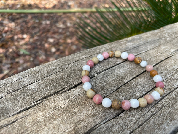 Bracelet élastique de Lithothérapie en Rhodochrosite, Howlite Blanche et Jaspe Paysage, Made in France