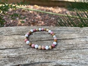 Bracelet élastique de Lithothérapie en Rhodochrosite, Howlite Blanche et Jaspe Paysage, Made in France