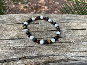 Bracelet élastique de Lithothérapie "Triple Protection" Oeil de tigre, Pierre de Lave et Howlite Blanche, Made in France
