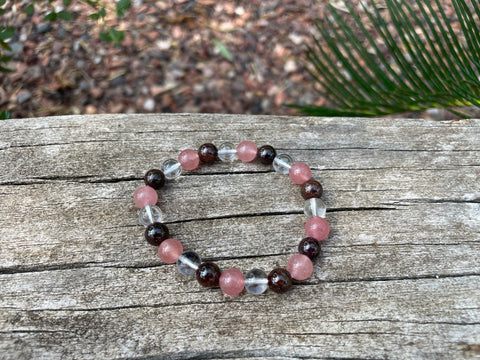 Bracelet élastique en Quartz Fraise, Grenat et Cristal de Roche, Made in France