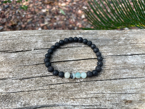 Bracelet élastique de Lithothérapie en Pierre de Lave et Amazonite, Made in France