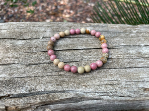 Bracelet élastique de Lithothérapie en Rhodochrosite et Jaspe Paysage, Made in France