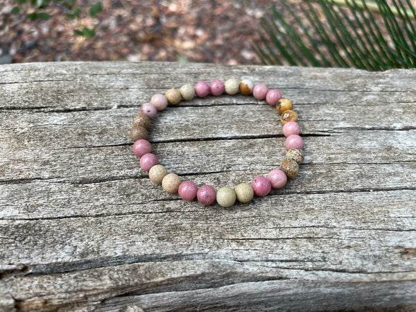 Bracelet élastique de Lithothérapie en Rhodochrosite et Jaspe Paysage, Made in France