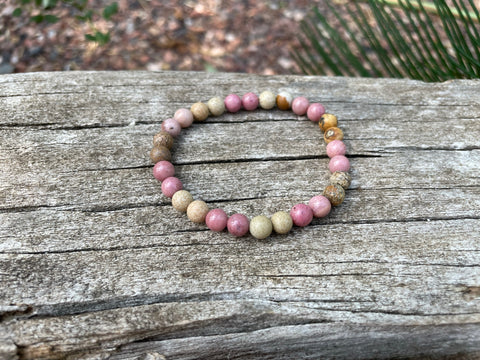 Bracelet élastique de Lithothérapie en Rhodochrosite et Jaspe Paysage, Made in France