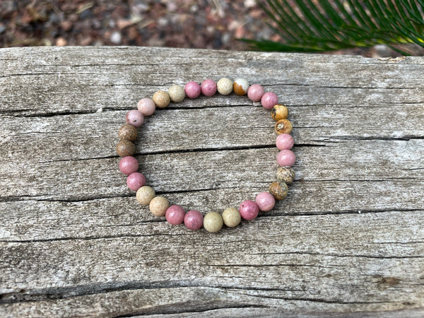 Bracelet élastique de Lithothérapie en Rhodochrosite et Jaspe Paysage, Made in France