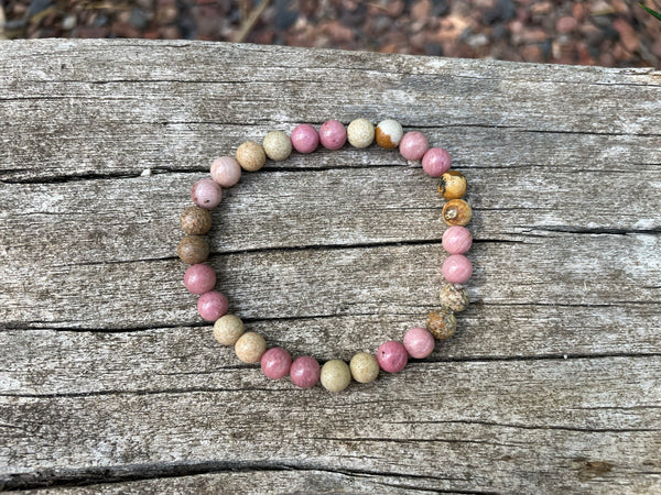 Bracelet élastique de Lithothérapie en Rhodochrosite et Jaspe Paysage, Made in France