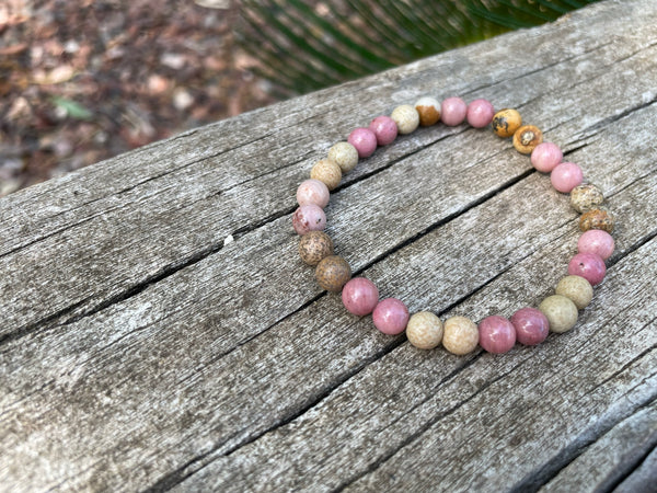 Bracelet élastique de Lithothérapie en Rhodochrosite et Jaspe Paysage, Made in France