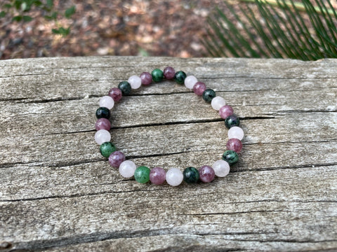 Bracelet spécial concentration en Lépidolite, Rubis Zoïsite et Quartz Rose, Made in France