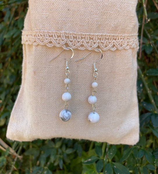 Boucles d'oreilles 3 boules en Howlite naturelle, Made in France