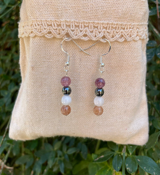 Boucles d'oreilles pendantes en Lépidolite, Pierre du Soleil, Hématite et Pierre de Lune, Made in France