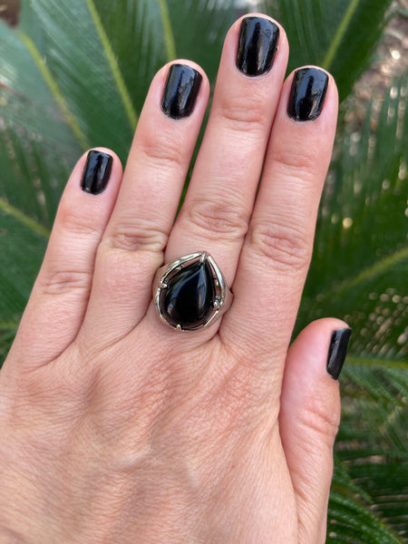 Bague réglable en Onyx naturel, cabochon forme goutte, Made in France