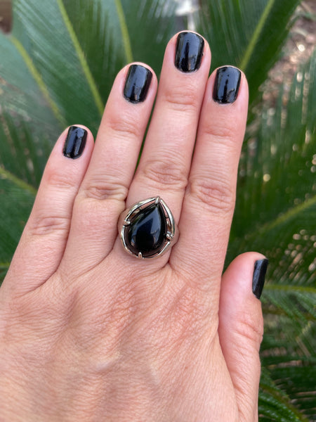 Bague réglable en Onyx naturel, cabochon forme goutte, Made in France