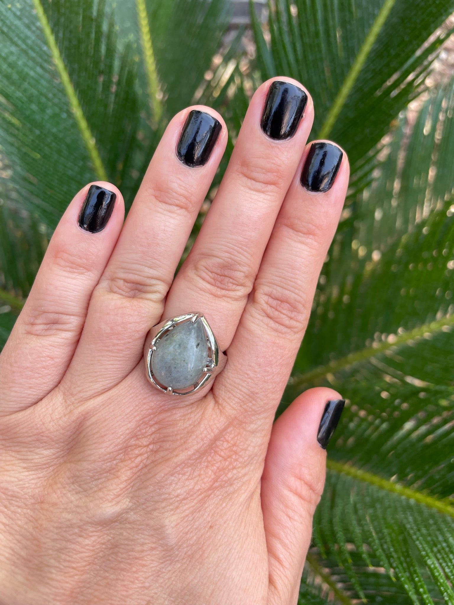 Bague réglable en Labradorite naturelle, cabochon forme goutte, Made in France