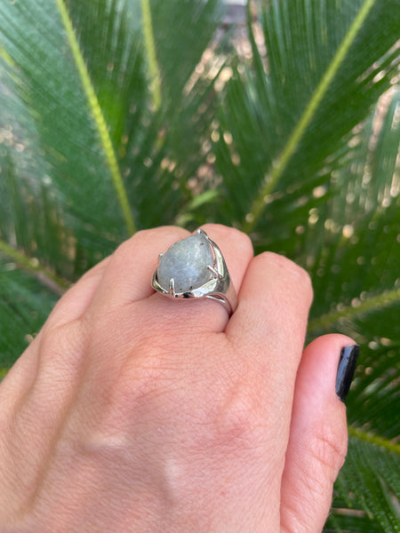 Bague réglable en Labradorite naturelle, cabochon forme goutte, Made in France