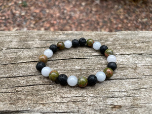 Bracelet élastique de Lithothérapie "Triple Protection" Unakite, Pierre de Lave et Aigue Marine