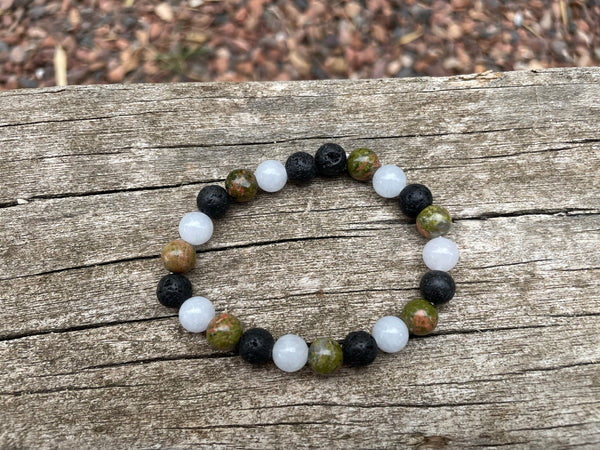 Bracelet élastique de Lithothérapie "Triple Protection" Unakite, Pierre de Lave et Aigue Marine